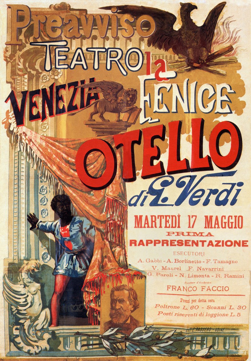 Otello: plakat do prawykonania opery Verdiego Otello w Teatro Fenice w Wenecji autorstwa Italian School