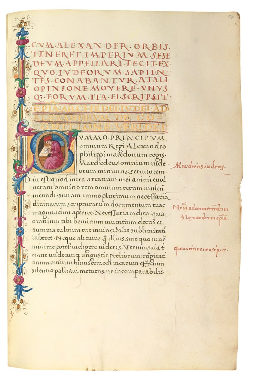 PSEUDO-ARISTOTLE, Secreta secretorum; "MARDOCHEUS IUDEUS", Epistola ad Alexandrum de cognitione veri dei; ADAM DE MONTALDO (ok. 1450-1495), Divinitus prolata iudicia sive premonita; Quedam alia summatim posita iudicia, Rzym, ok. 1490 (tusz i kolor na welin autorstwa Italian School