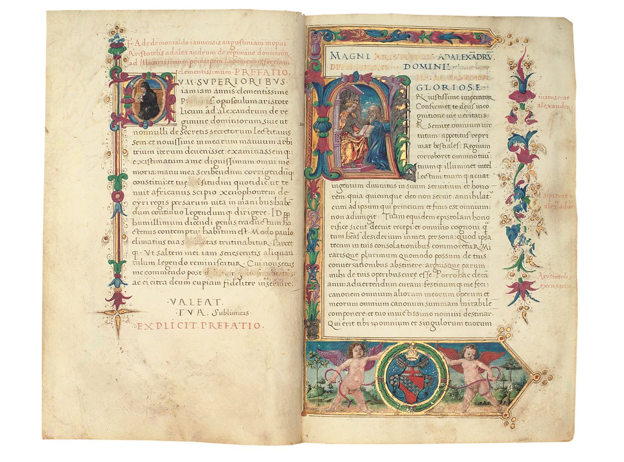 PSEUDO-ARISTOTLE, Secreta secretorum; "MARDOCHEUS IUDEUS", Epistola ad Alexandrum de cognitione veri dei; ADAM DE MONTALDO (ok. 1450-1495), Divinitus prolata iudicia sive premonita; Quedam alia summatim posita iudicia, Rzym, ok. 1490 (tusz i kolor na welin autorstwa Italian School