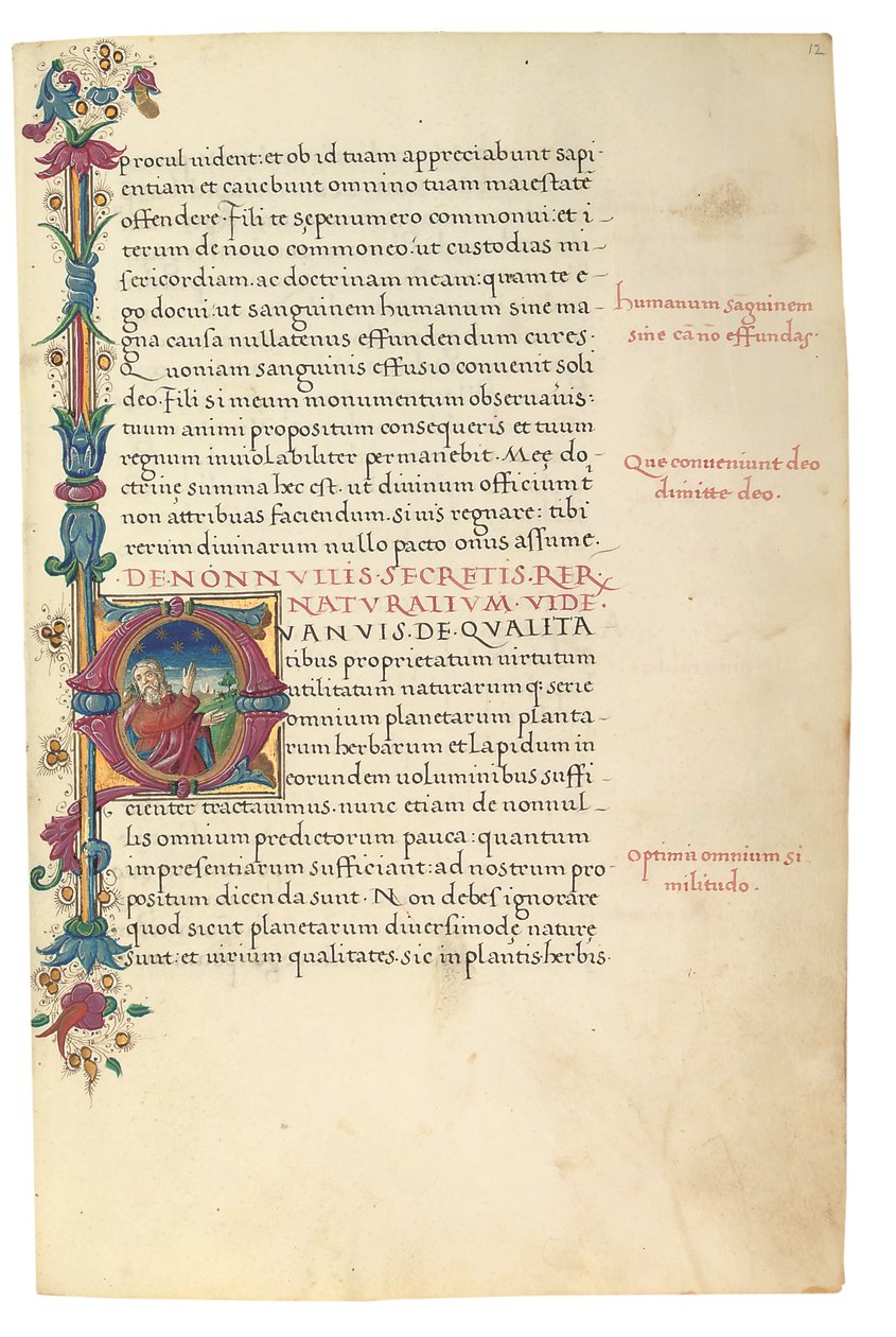 PSEUDO-ARISTOTLE, Secreta secretorum; "MARDOCHEUS IUDEUS", Epistola ad Alexandrum de cognitione veri dei; ADAM DE MONTALDO (ok. 1450-1495), Divinitus prolata iudicia sive premonita; Quedam alia summatim posita iudicia, Rzym, ok. 1490 (tusz i kolor na welin autorstwa Italian School