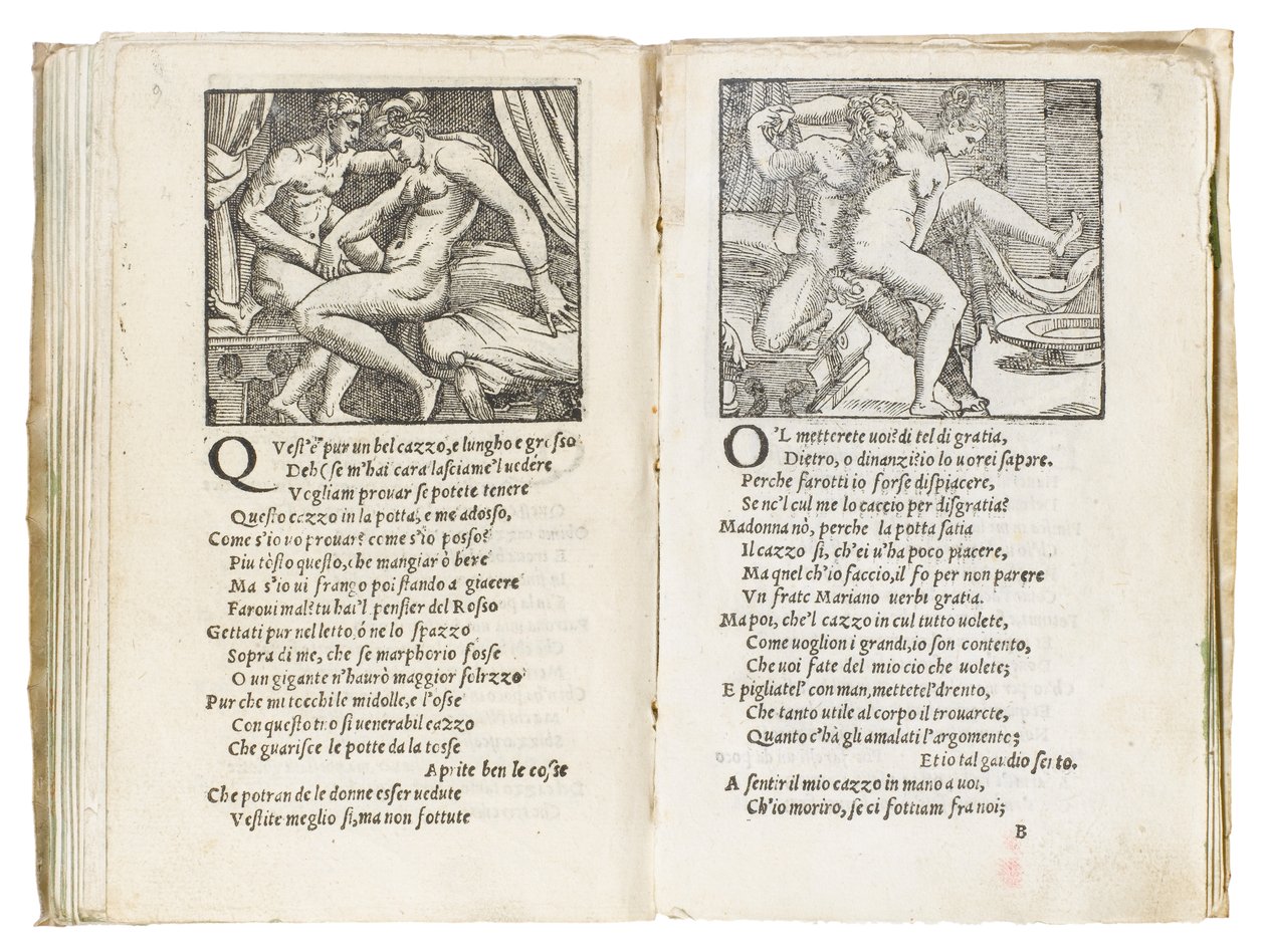 Strona z „Sonetti Lussuriosi” Pietro Aretino, ilustrowana przez Giulio Romano i grawerowana przez Marcantonio Raimondi, wydana w Wenecji, ok. 1527 autorstwa Italian School