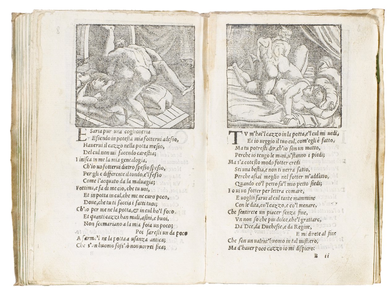 Strona z „Sonetti Lussuriosi” Pietro Aretino, ilustrowana przez Giulio Romano i grawerowana przez Marcantonio Raimondi, wydana w Wenecji, ok. 1527 autorstwa Italian School