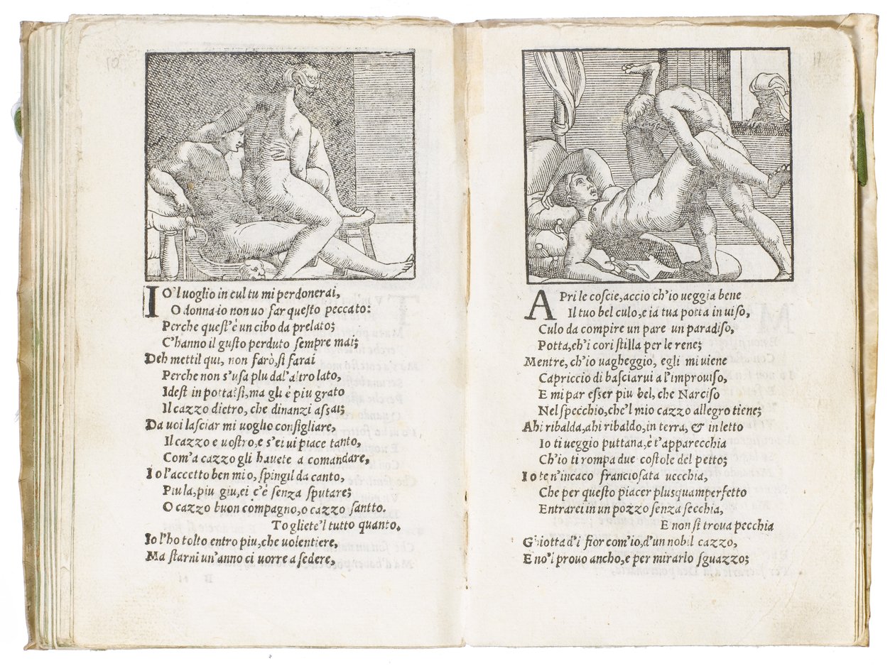 Strona z „Sonetti Lussuriosi” Pietro Aretino, ilustrowana przez Giulio Romano i grawerowana przez Marcantonio Raimondi, wydana w Wenecji, ok. 1527 autorstwa Italian School