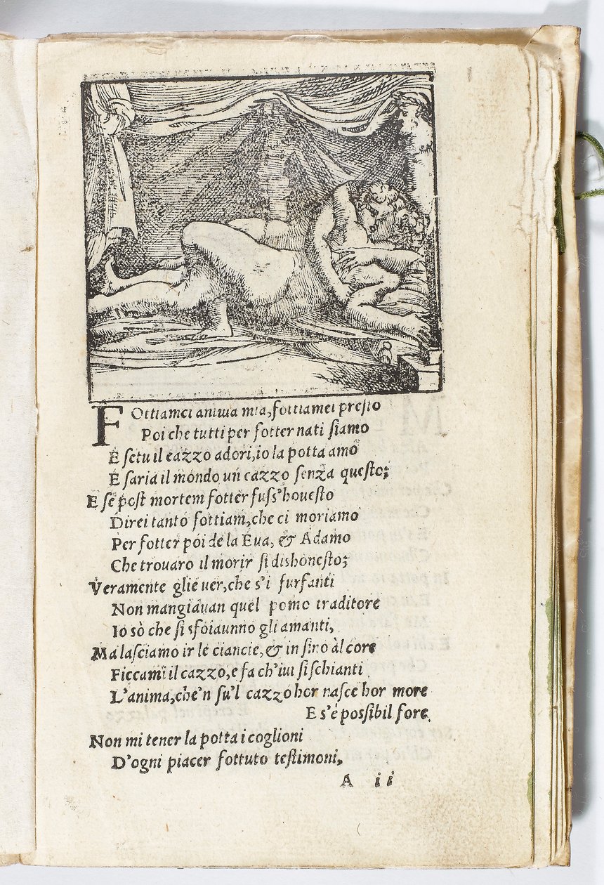 Strona z „Sonetti Lussuriosi” Pietro Aretino, ilustrowana przez Giulio Romano i rytowana przez Marcantonio Raimondi, wydana Wenecja, ok. 1527 (druk i drzeworyt) autorstwa Italian School