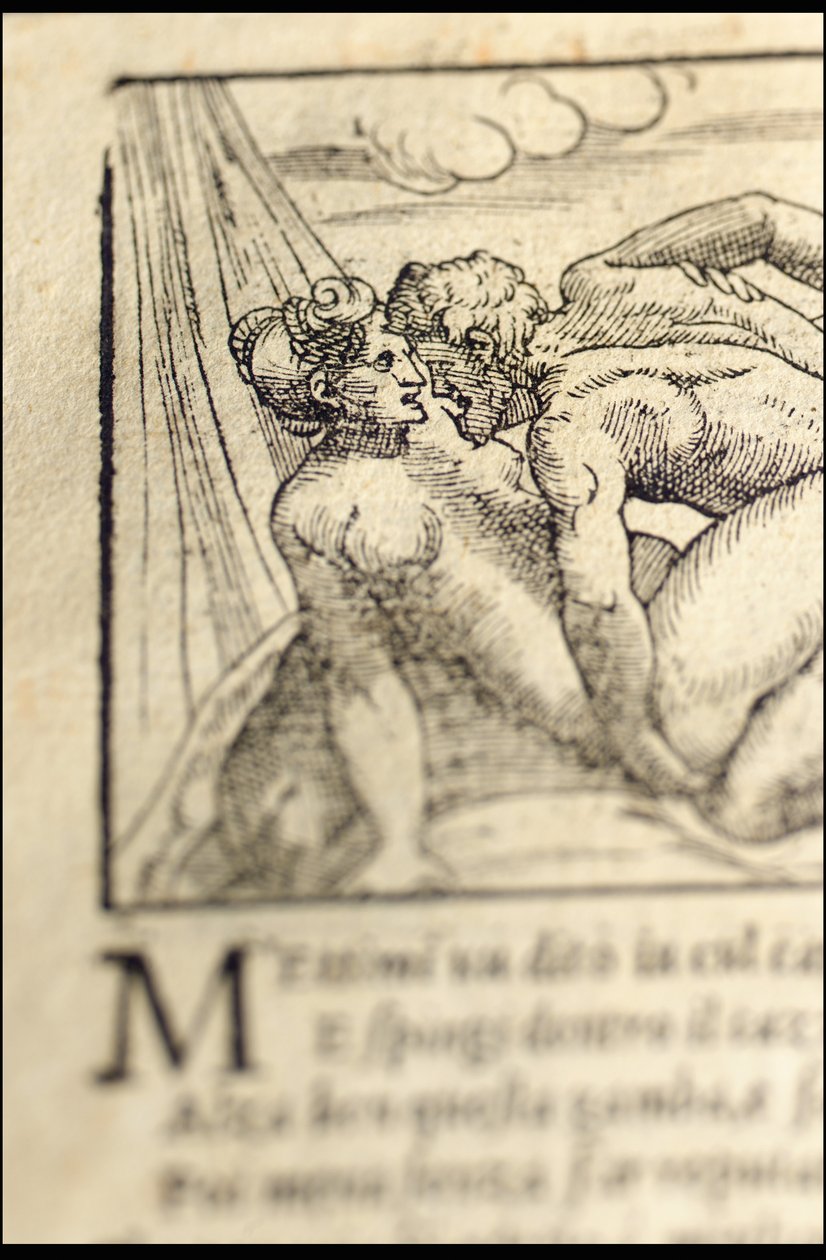 Strona z „Sonetti Lussuriosi” Pietro Aretino, ilustrowana przez Giulio Romano i rytowana przez Marcantonio Raimondi, wydana Wenecja, ok. 1527 (druk i drzeworyt) autorstwa Italian School