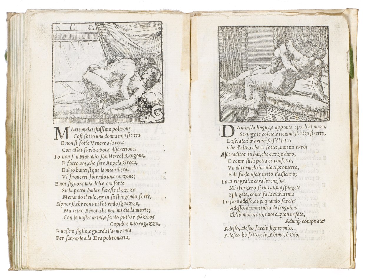 Strona z „Sonetti Lussuriosi” Pietro Aretino, ilustrowana przez Giulio Romano i rytowana przez Marcantonio Raimondi, wydana Wenecja, ok. 1527 (druk i drzeworyt) autorstwa Italian School