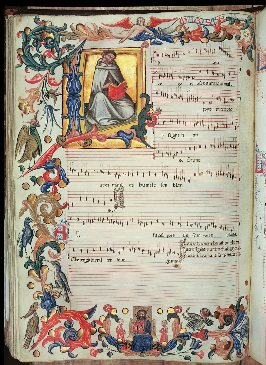 Strona notacji muzycznej z historycznym inicjałem, z Kodeksu Squarcialupi, sporządzonego we florenckim klasztorze S. Maria degli Angeli (wellum) autorstwa Italian School