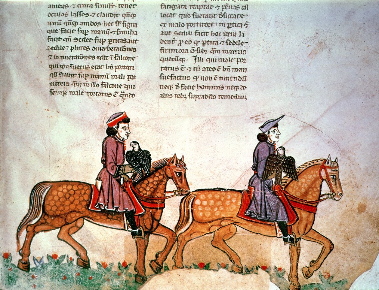 Pal Lat 1071 Fryderyk II: Dwóch jeźdźców z sokołami, z De Arte Polowanie z ptakami autorstwa Italian School