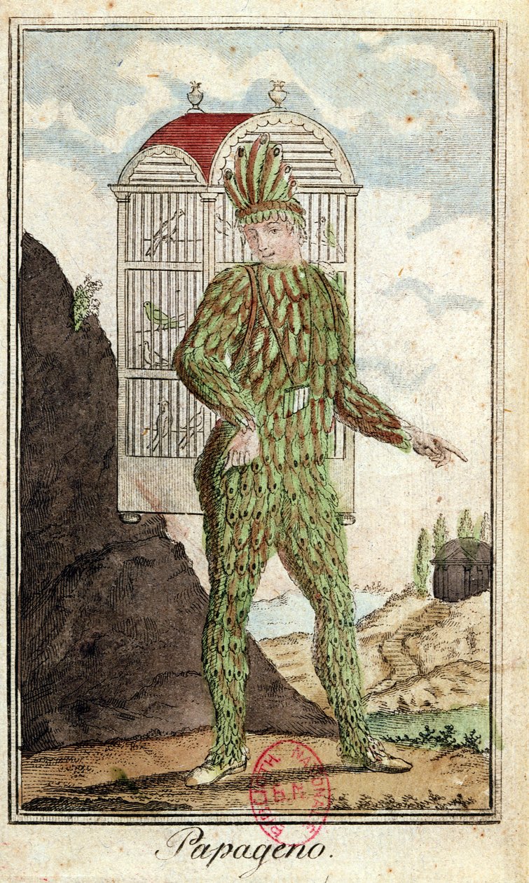 Ptasznik Papageno z Czarodziejskiego fletu Wolfganga Amadeusza Mozarta (1756-91), autorstwa Italian School