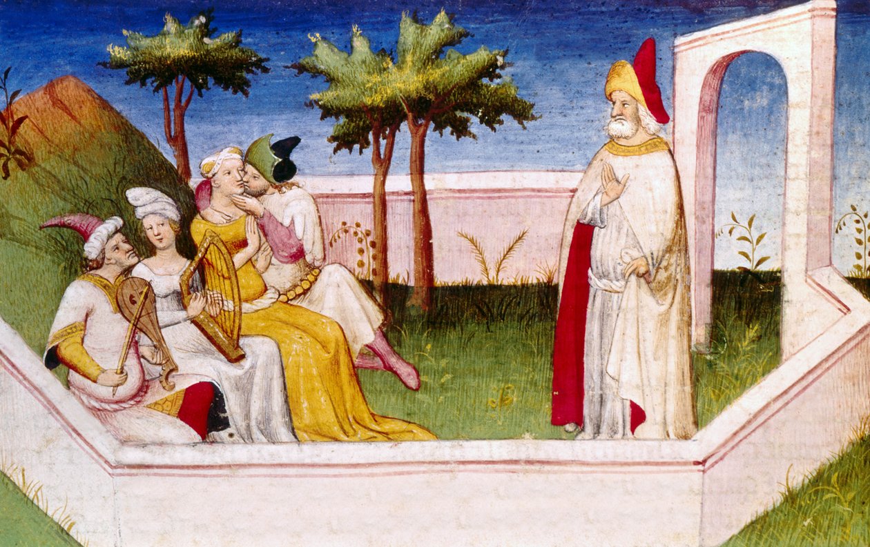 Rajski ogród, ilustracja z „Podróży Marco Polo”, Rustichello da Pisa (tempera na welinie) autorstwa Italian School