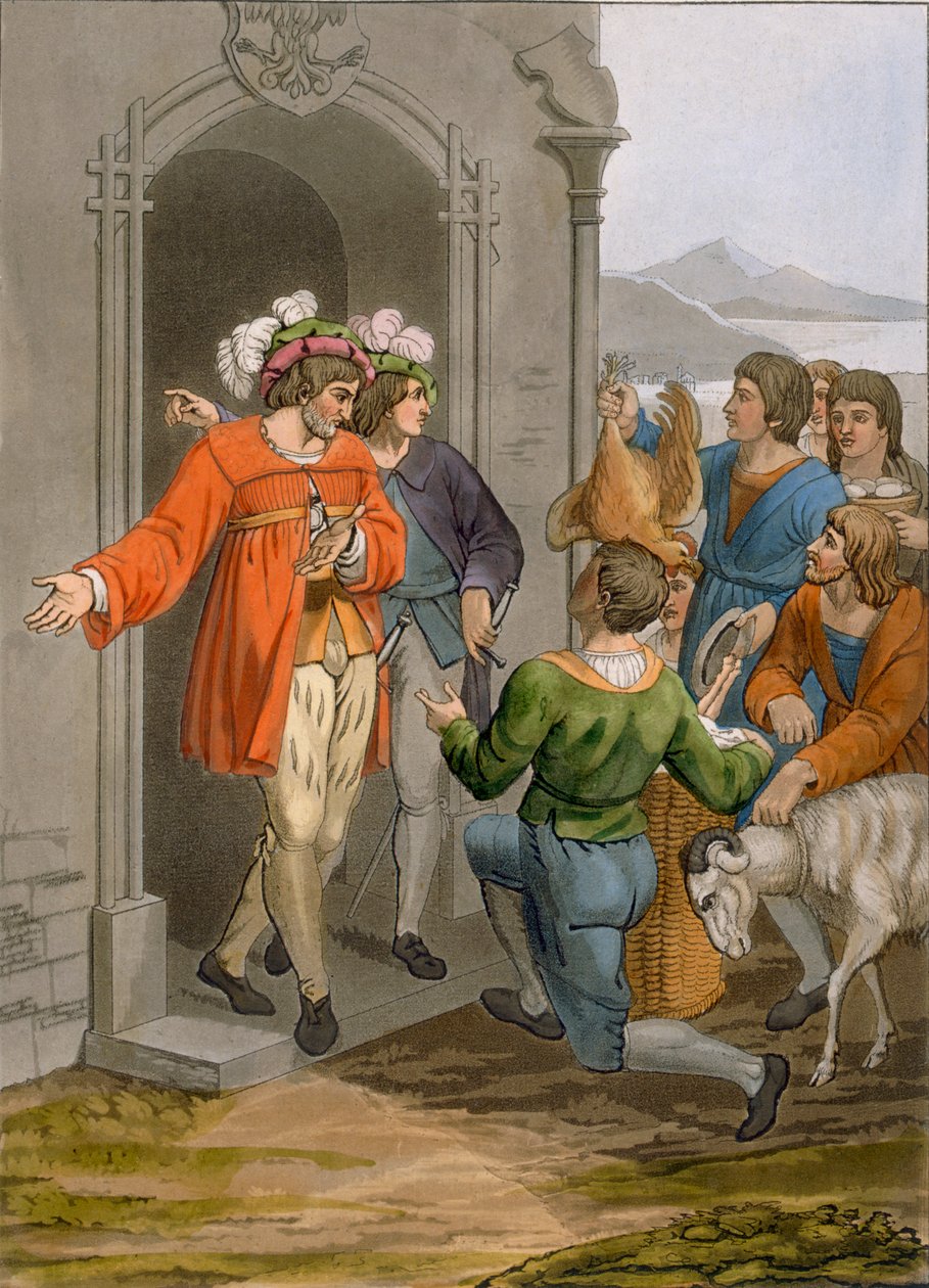 Chłopi dający dziesięciny, region alpejski, ok. 1800-18 autorstwa Italian School