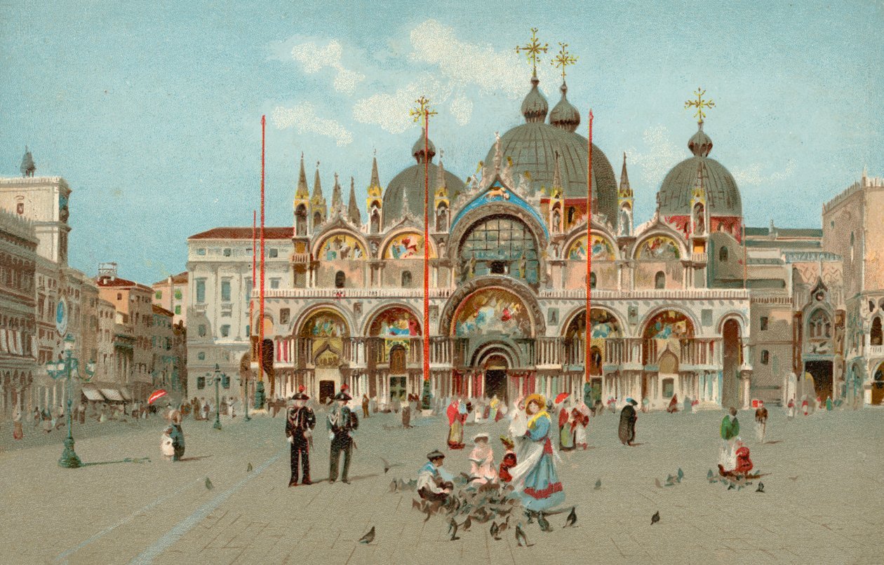 Piazza San Marco i Bazylika Świętego Marka, Wenecja, Włochy (chromolitho) autorstwa Italian School