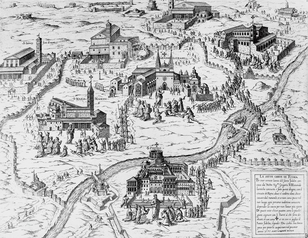 Pielgrzymi odwiedzający Siedem Kościołów Rzymu w Roku Świętym 1575, rycina, Włochy autorstwa Italian School