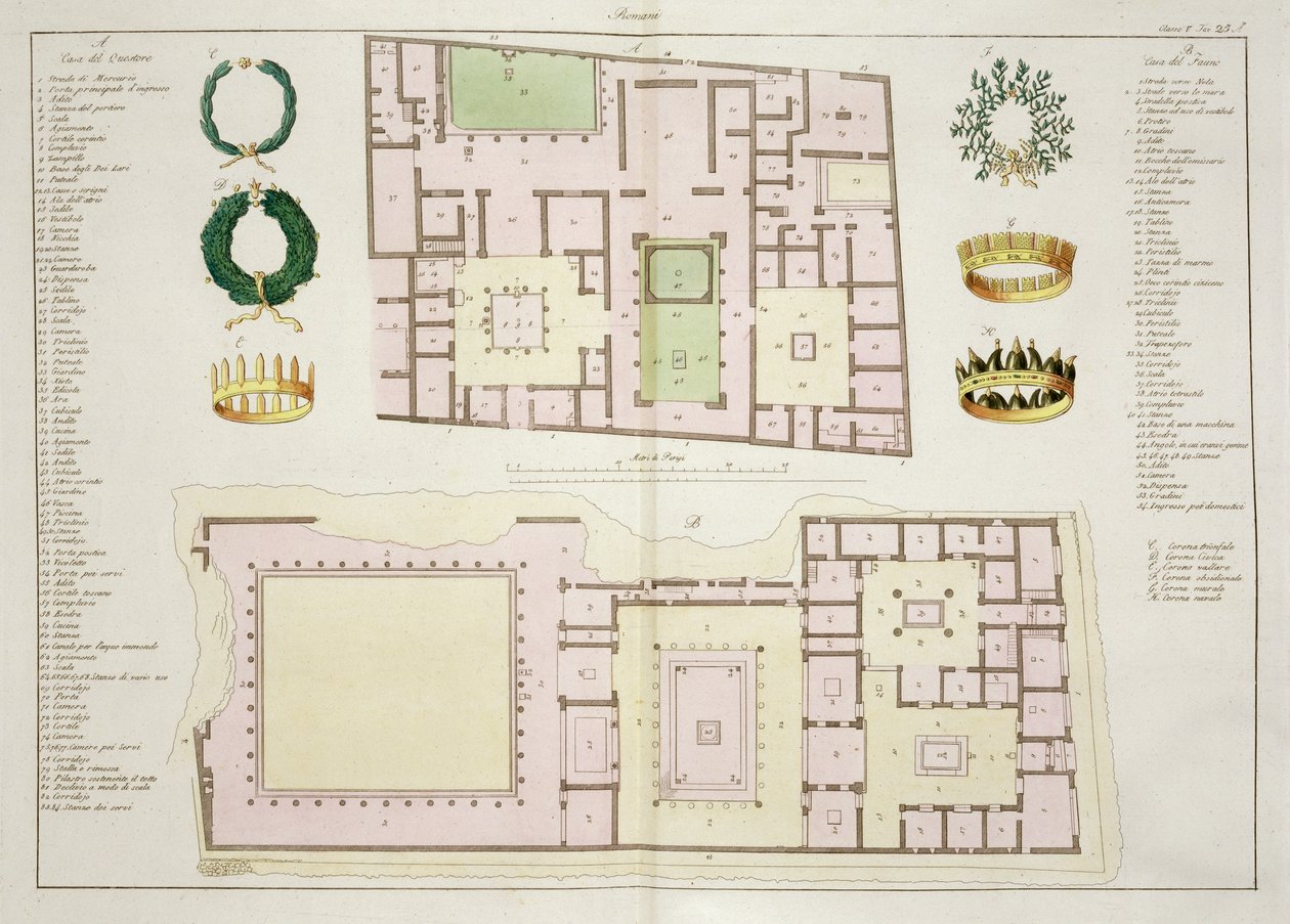 Plany Domu Kwestora i Domu Fauna, Pompeje, tablica 25A, klasa 5 z części I Dziejów Narodów (akwatinta) autorstwa Italian School