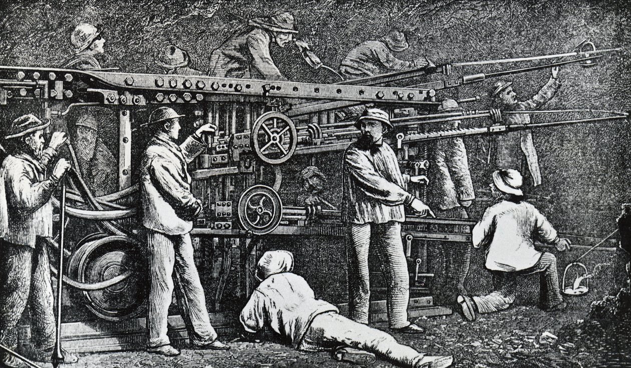Pneumatyczna wiertarka do skał stworzona przez Giovanniego Battistę Piattiego i udoskonalona przez Germano Sommeillera (1815-1871), grawerowanie Włoch autorstwa Italian School
