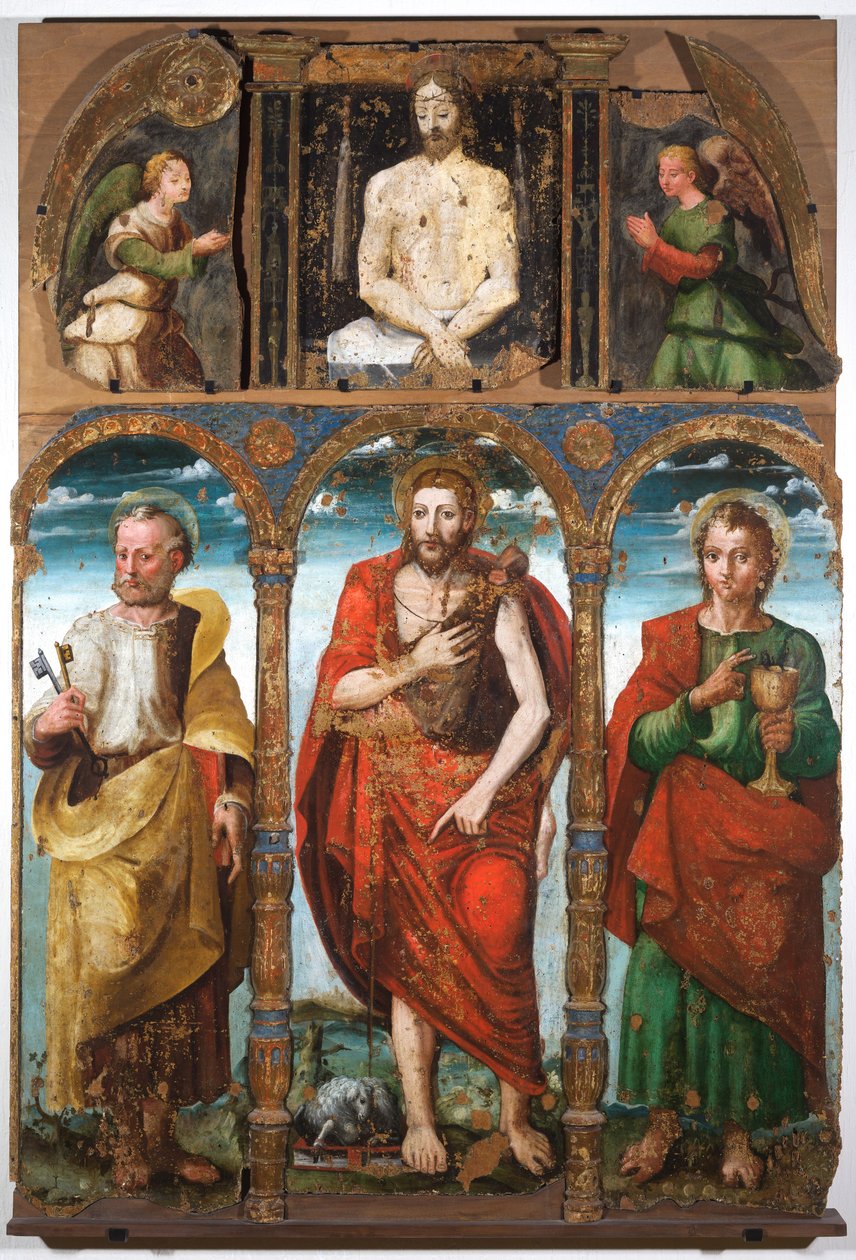 Poliptyk Świętego Jana Chrzciciela ze Świętym Piotrem i Świętym Janem Ewangelistą, pierwsza połowa XVI wieku (tempera na płycie) autorstwa Italian School