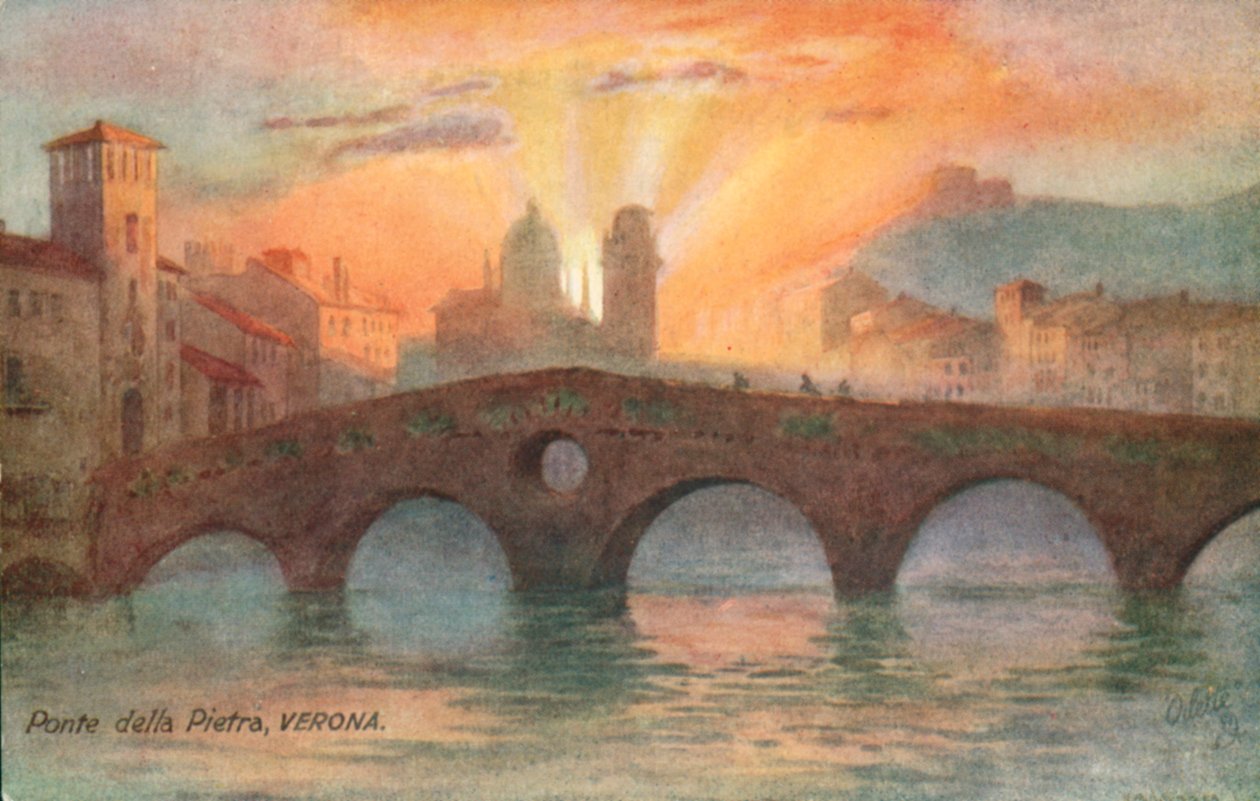 Ponte Pietra, najstarszy rzymski most, Werona, Włochy (kolorowa litografia) autorstwa Italian School
