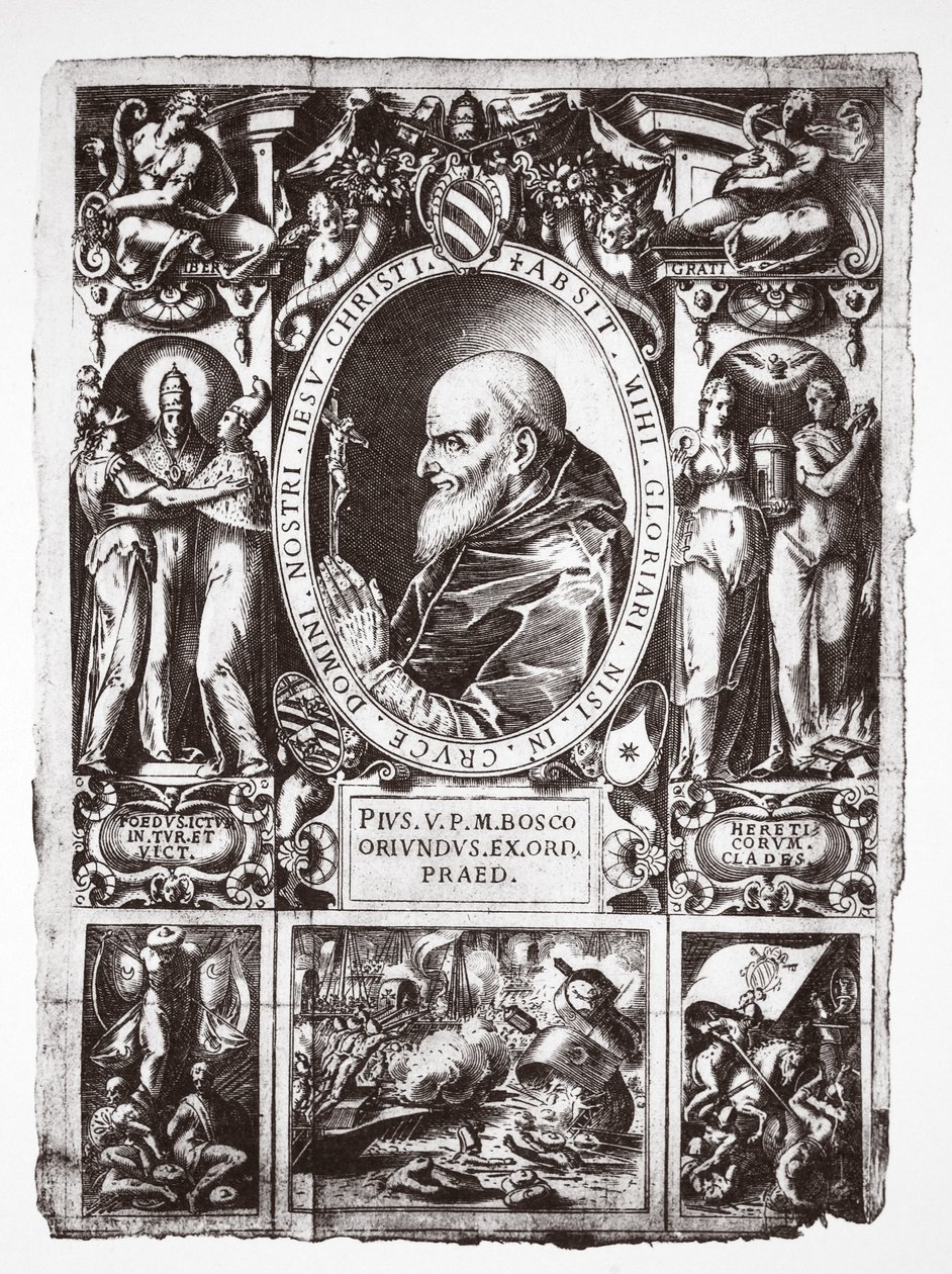 Papież Pius V, z winietami o bitwie pod Lepanto, z Vita del Gloriosissimo Papa Pio Quinto, wyd. 1586 autorstwa Italian School