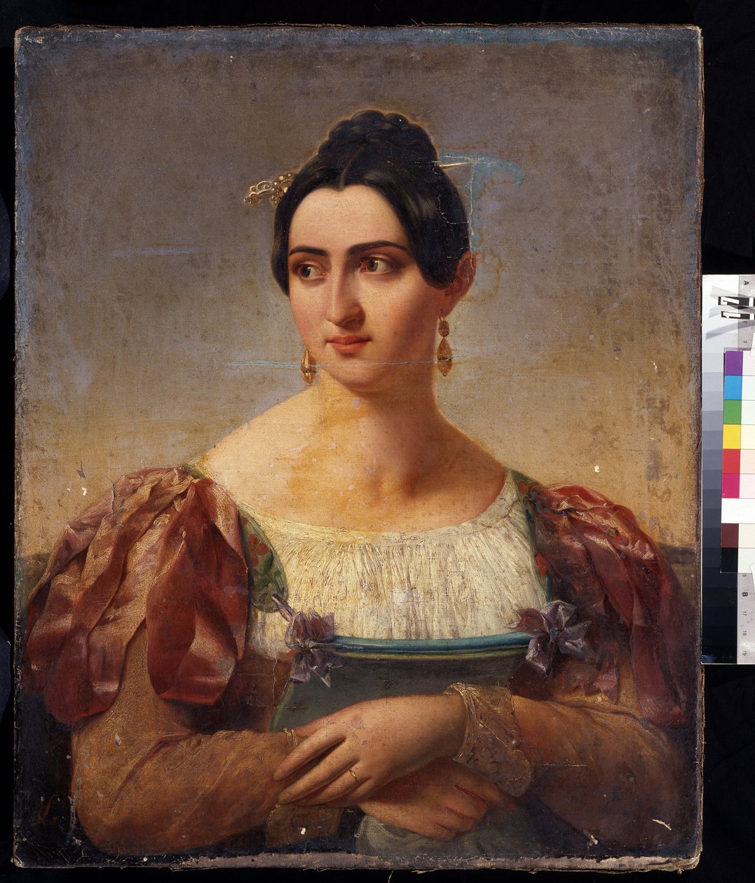 ""Portret kobiety"" (Portret kobiety) Młoda kobieta włoskiej szlachty, ubrana w sukienkę ze wstążkami na ramionach. Malarstwo szkoły włoskiej z początku XIX wieku. Muzeum Puszkina, Moskwa autorstwa Italian School