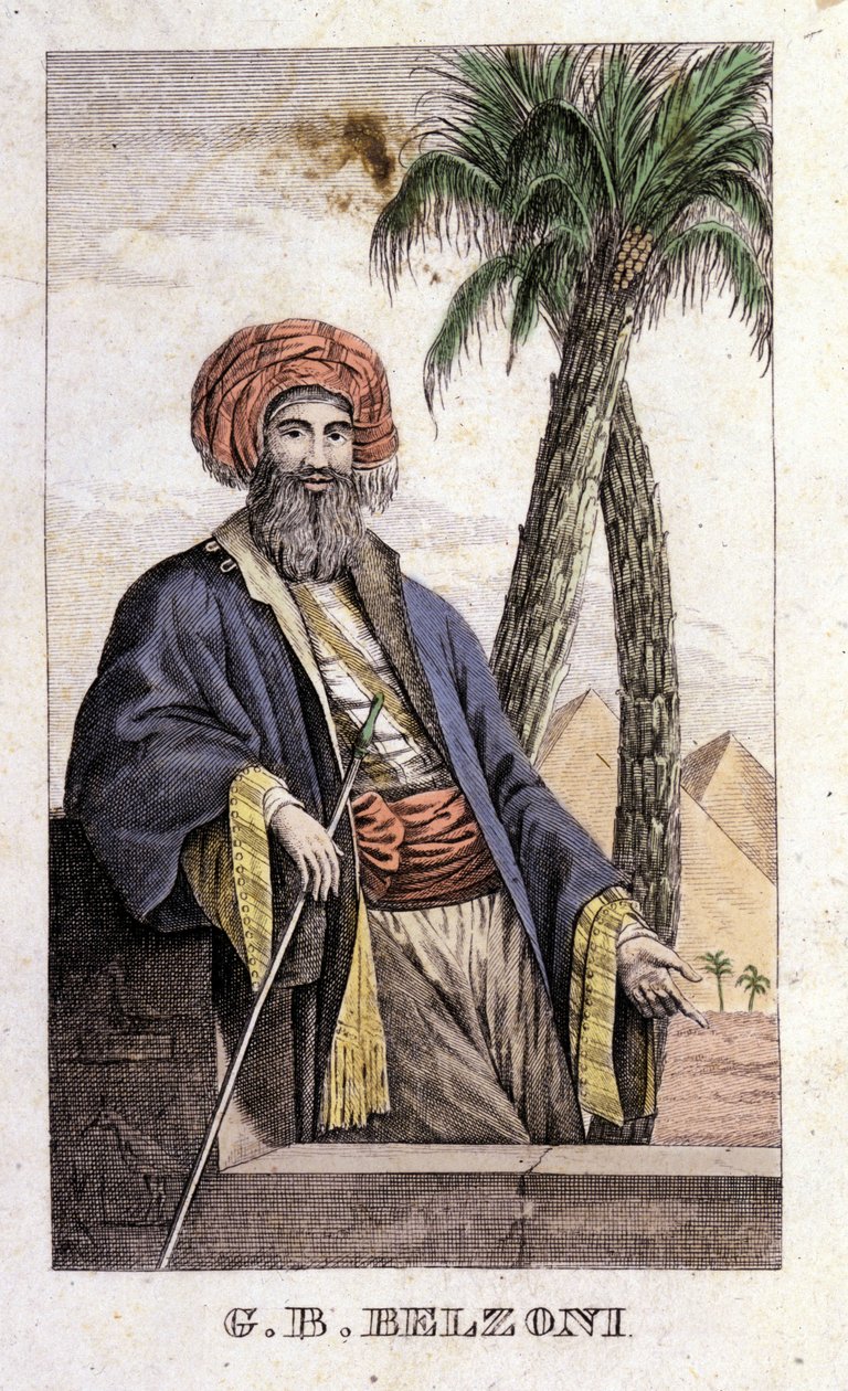 Portret Giovanniego Battisty (Gianbattisty) Belzoniego (1778-1823), włoskiego badacza i archeologa, który dokonał ważnych odkryć archeologicznych w Egipcie. Grawer — w „Podróż do Egiptu i Nubii” firmy Belzoni, Mediolan autorstwa Italian School