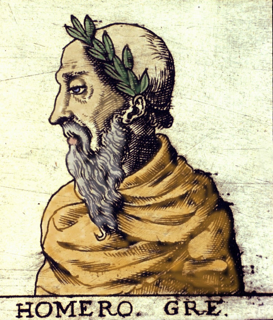 Portret Homera (IX wiek pne). Grawerowanie z 1560 roku z Atlasu Urbano Monte autorstwa Italian School