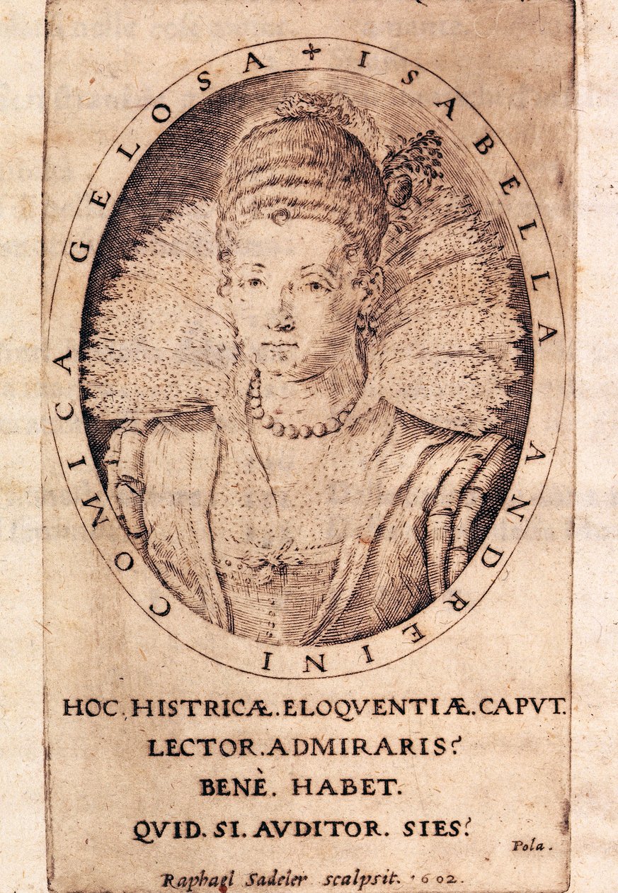 Portret włoskiej aktorki Andreiny Isabelli Canali (1562-1604), strona tytułowa jej listów autorstwa Italian School