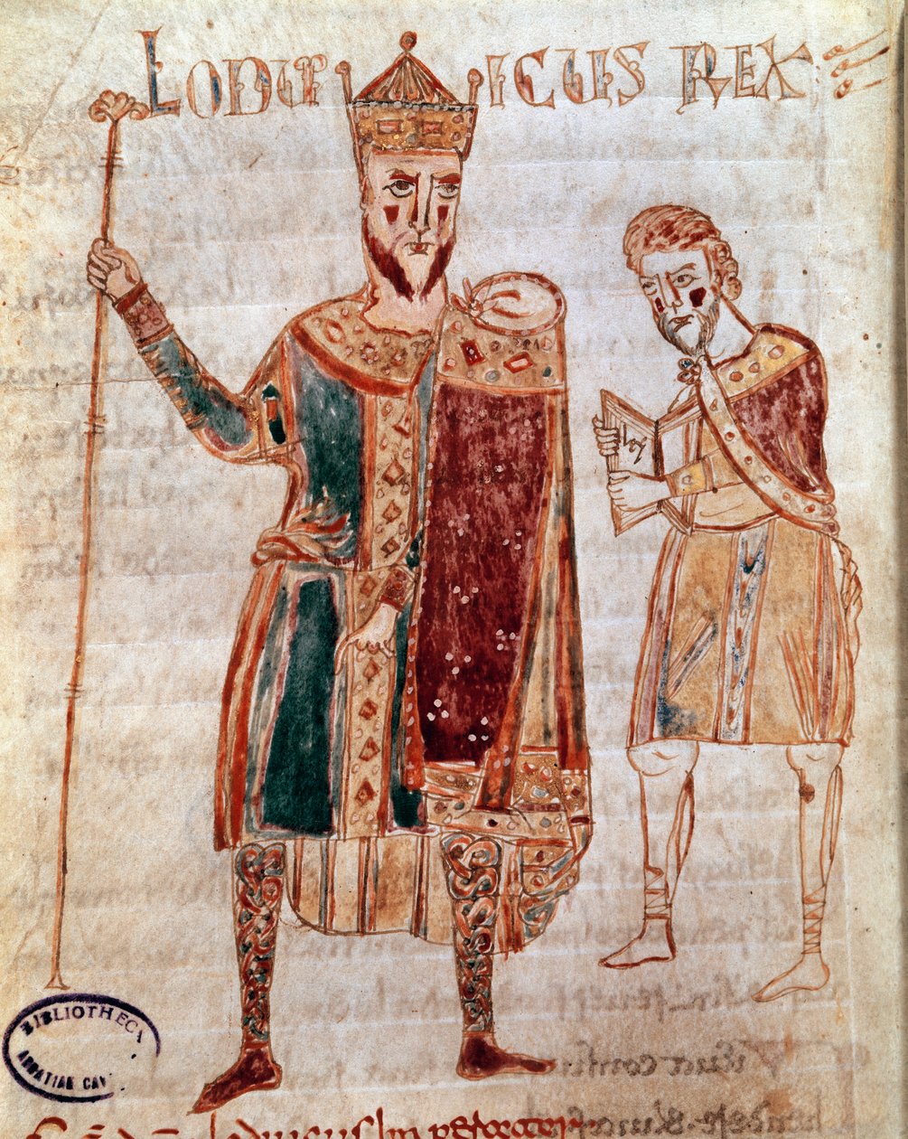 Portret Ludwika I Pobożnego (778-840), króla Francji Strona rękopisu (ms. 4) „Codex Legum Longobardorum” (lub Langobardorum) opisująca prawa królestwa Lombardii ustanowionego przez króla Rothariego autorstwa Italian School
