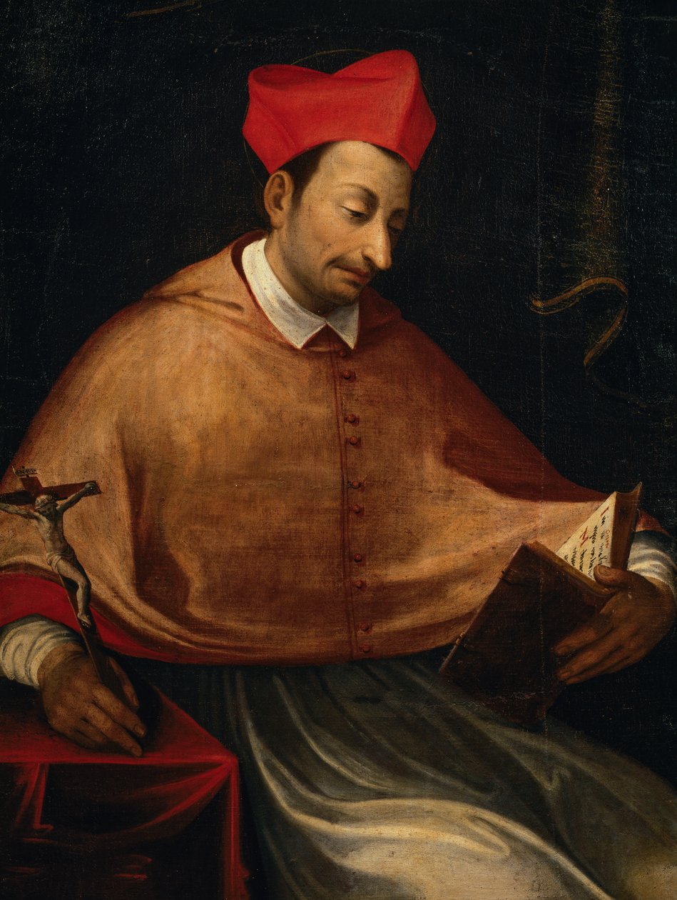 Portret św. Karola Boromeusza (1538-1584), arcybiskupa włoskiego i kardynała, obraz anonimowego, kościół San Carlo, Arona, Piemont, Włochy autorstwa Italian School