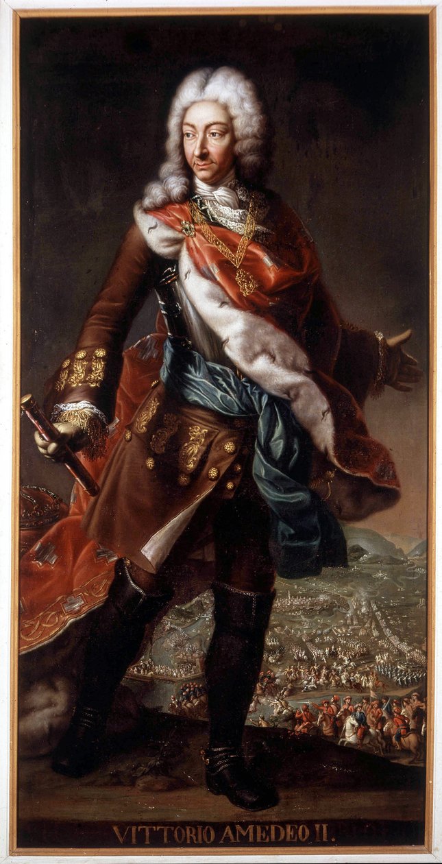 Portret Vittorio Amedeo II di Savoia zwanego Volpe Savoiarda (1666-1732) (Victor Amedee II lub Victor-Amedee), księcia Sabaudii i króla Sycylii, a następnie Sardynii. Obraz zachowany w Zamku A. Racconigi. autorstwa Italian School