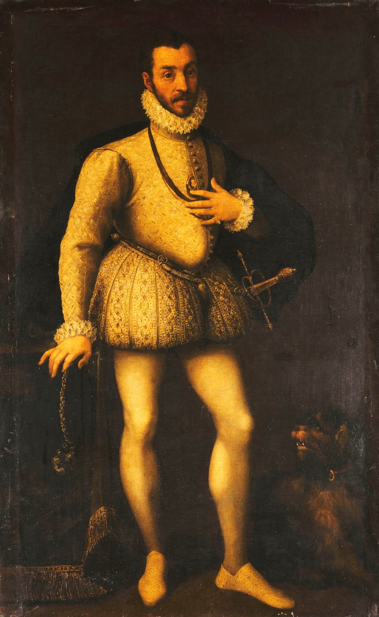 Portret dżentelmena, pełnometrażowy, noszącego haftowany biały kaftan, płaszcz i miecz, ok. 1580 autorstwa Italian School