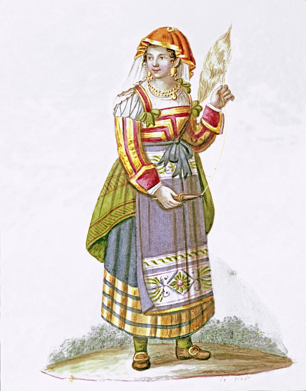 Portret młodej kobiety z Pietracanale w regionie Abruzzo, w tradycyjnym stroju, Włochy - (Młoda kobieta z Pietracanale, Abruzja) Akwarela XIX-wieczne Museo Nazionale di San Martino Neapol autorstwa Italian School