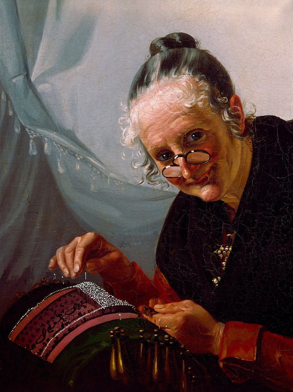 Portret koronki Stara kobieta uśmiecha się z parą lorgnons przed swoją pracą. Malarstwo szkoły weneckiej. XIX-wieczna Wenecja, muzeum Correr autorstwa Italian School