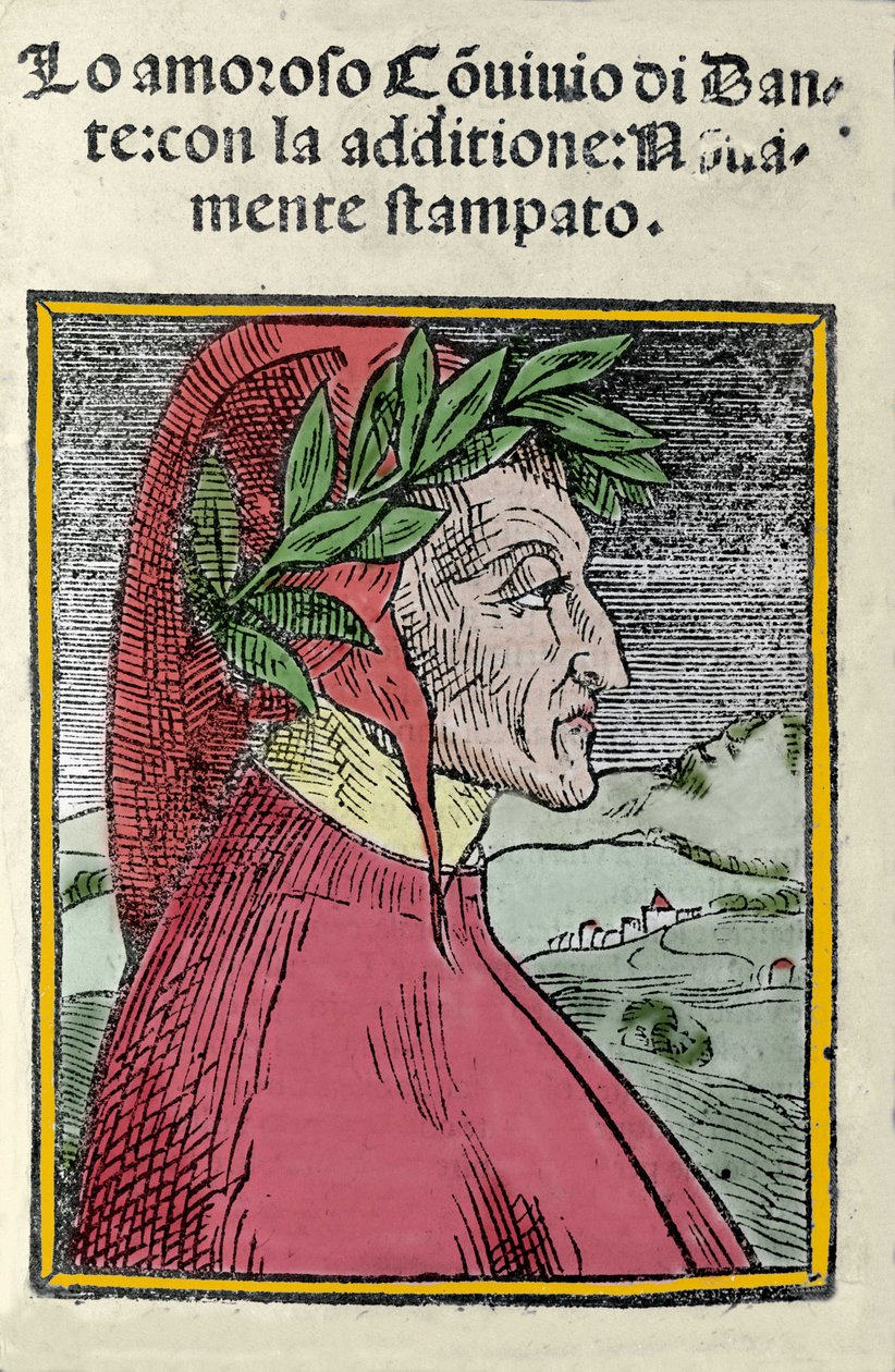 Portret włoskiego poety Dantego Alighieri (1265-1321). Rytownictwo. Frontyspicjum „Il convivio” z 1554 r. autorstwa Italian School
