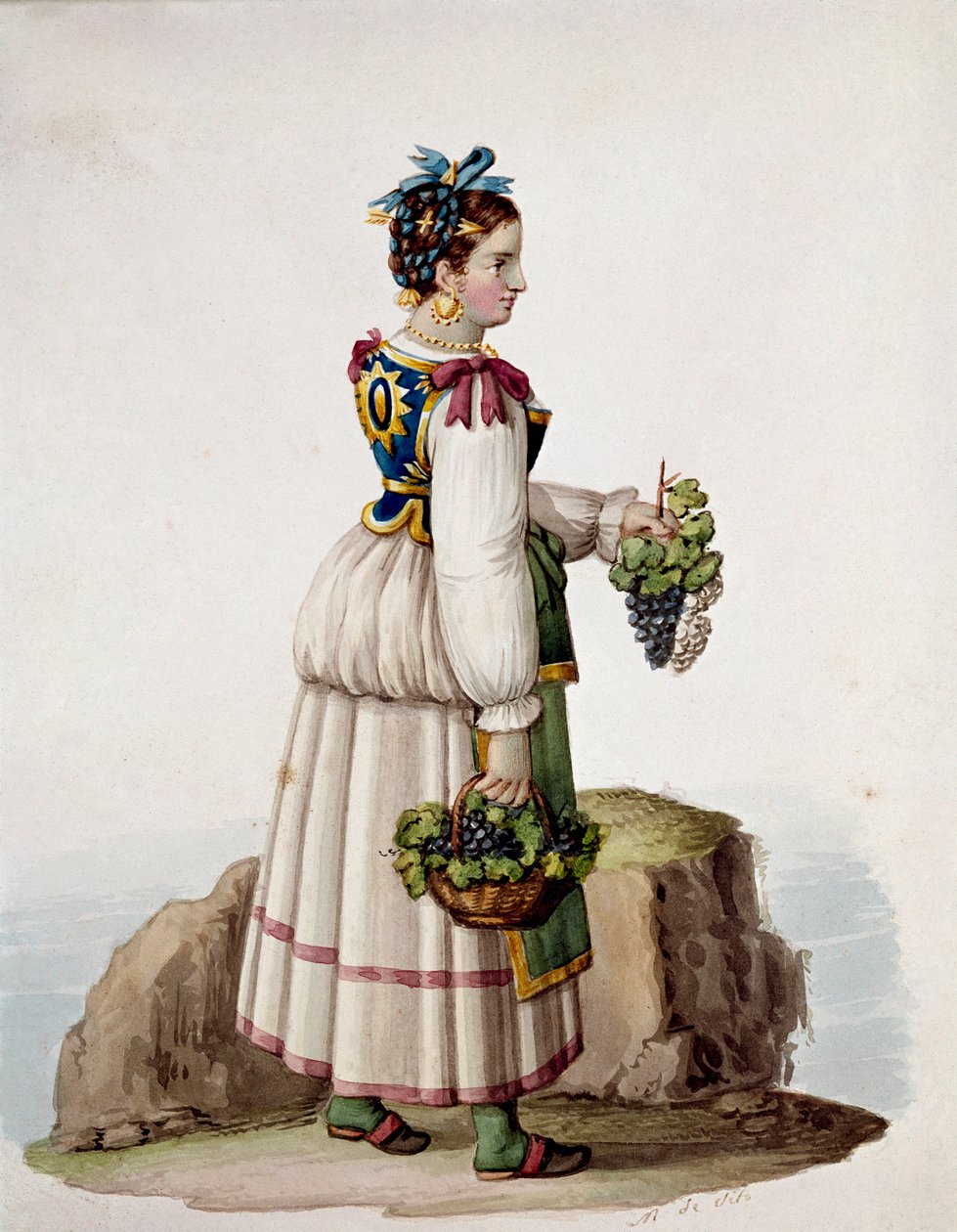 Portret młodej kobiety z Capri, w tradycyjnym stroju, trzymającej winogrona - (Stary handel: młoda kobieta z Capri, trzymająca winogrona) Akwarela XIX-wieczne Museo Nazionale di San Martino Neapol autorstwa Italian School