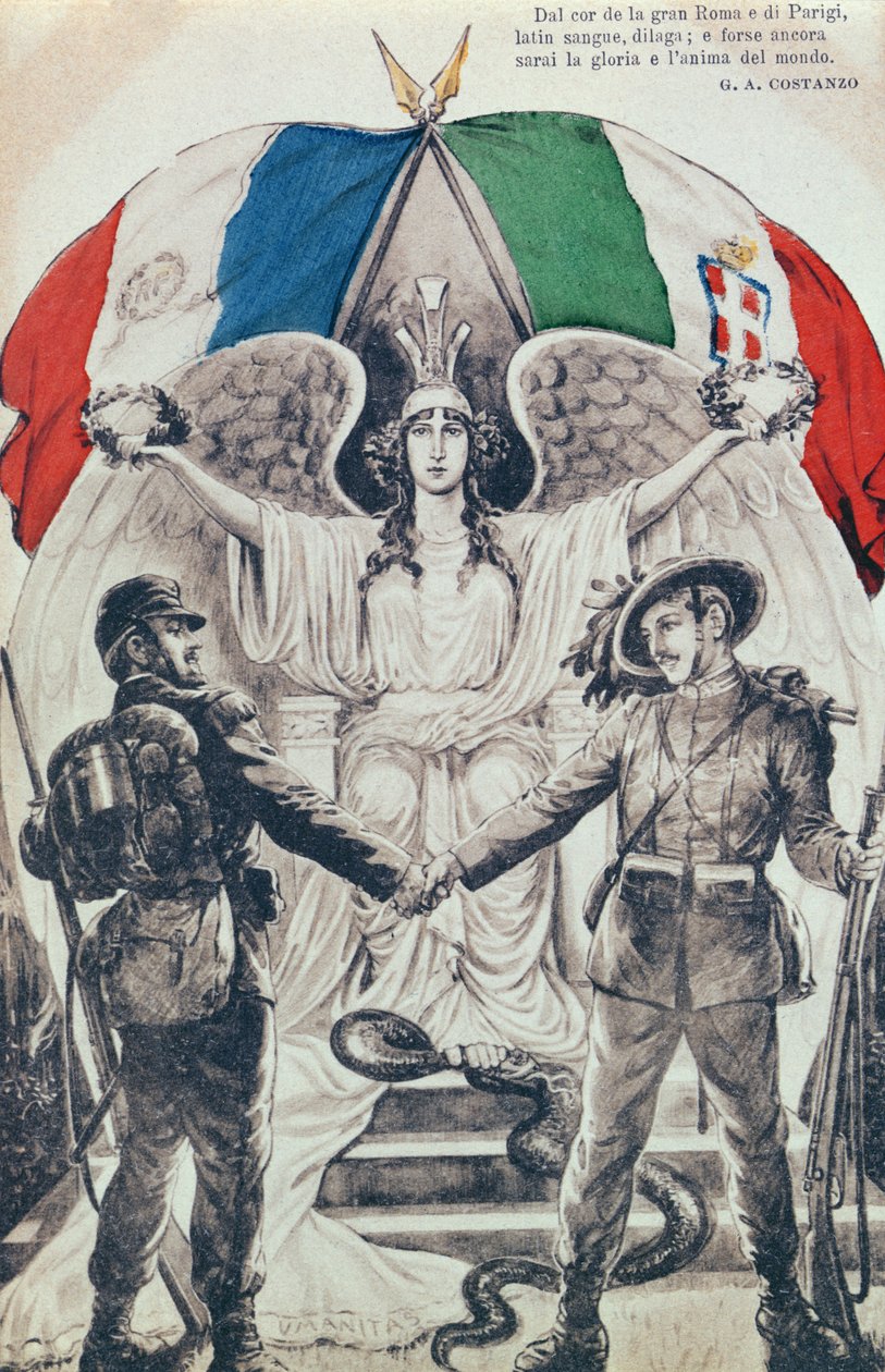 Pocztówka upamiętniająca sojusz Francji i Włoch podczas I wojny światowej autorstwa Italian School