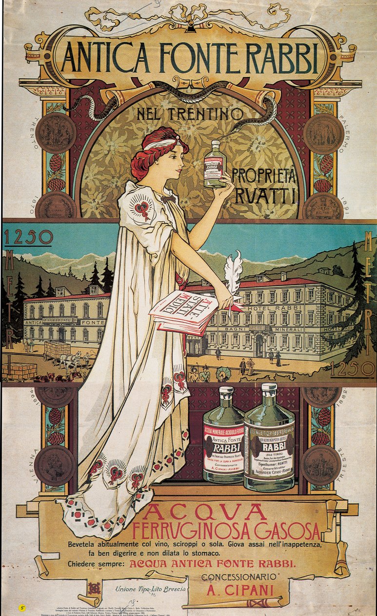 Plakat reklamujący wodę leczniczą z Antica Fonte di Rabbi w Trentino autorstwa Italian School