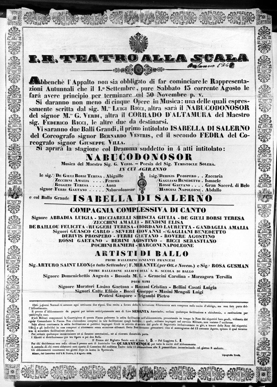 Plakat dla I.R. Teatro alla Scala, „Nabucco” Giuseppe Verdi autorstwa Italian School