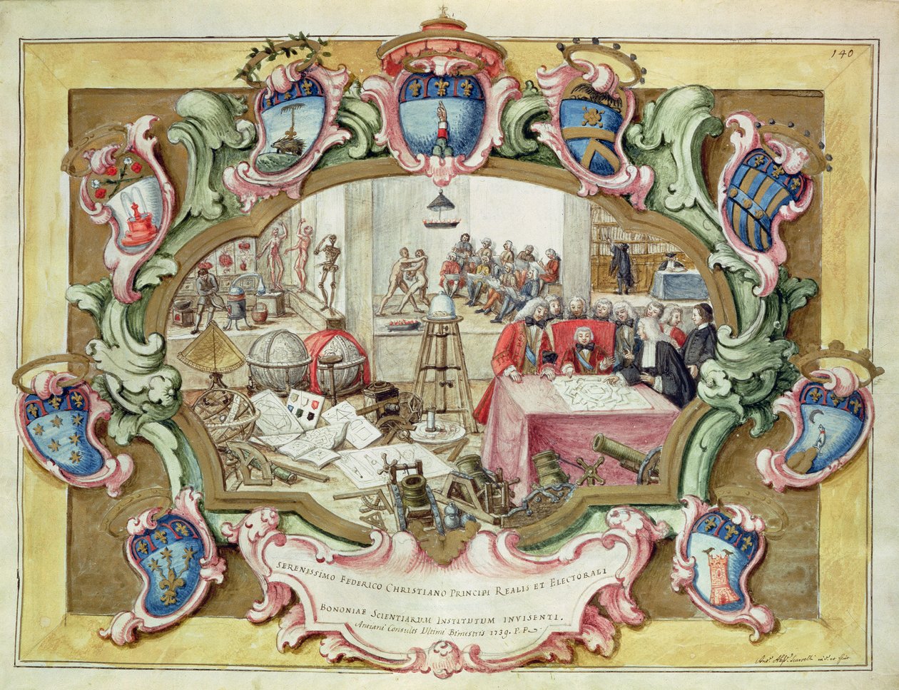 Książę Fryderyk Chrześcijanin z Polski z wizytą w Instytucie Nauki w Bolonii w 1739 r. (akwarela na papierze) autorstwa Italian School