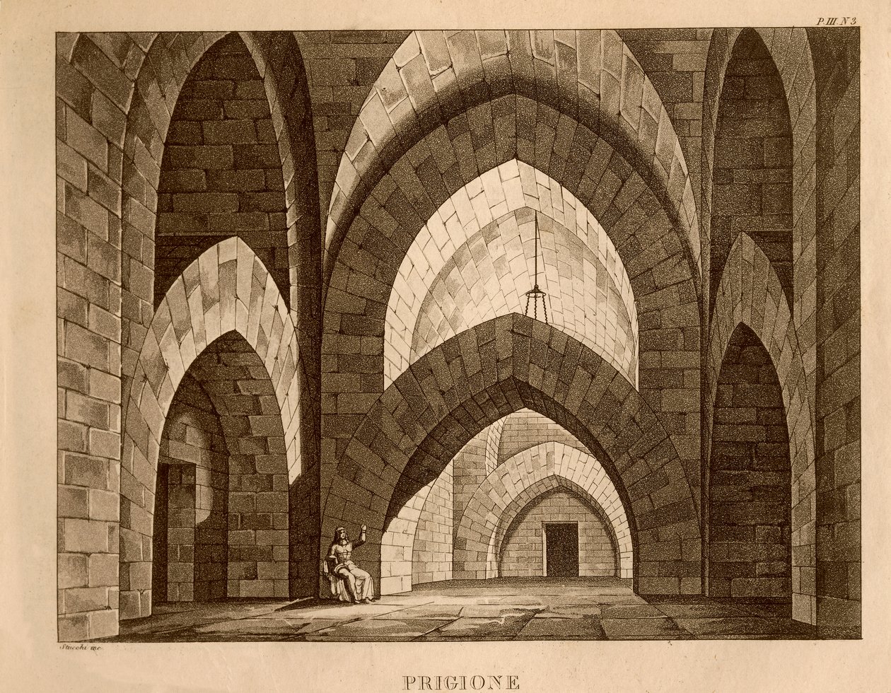 Więzienie, scenografia do pierwszego aktu „Ricciardo i Zoraide” Gioachino Rossiniego (lit) autorstwa Italian School