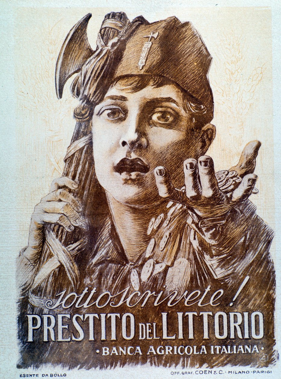 Propagandowy plakat faszystowski dotyczący pożyczki Littorio autorstwa Italian School