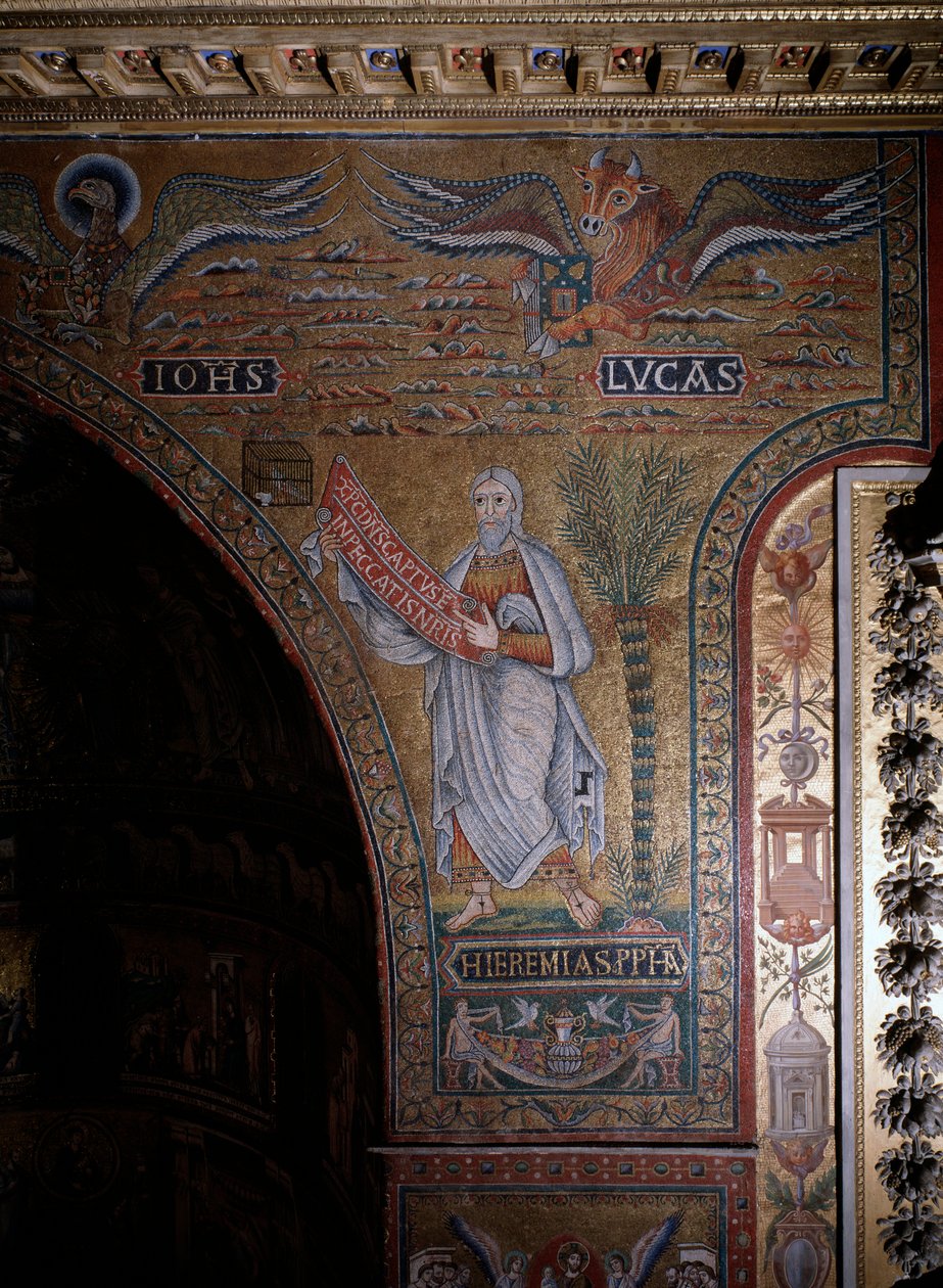 Prorok Jeremiasz i symbole ewangelistów Jana i Łukasza Anonimowi Mozaika z XII w. Rzym, kościół Santa Maria in Trastevere Włochy autorstwa Italian School