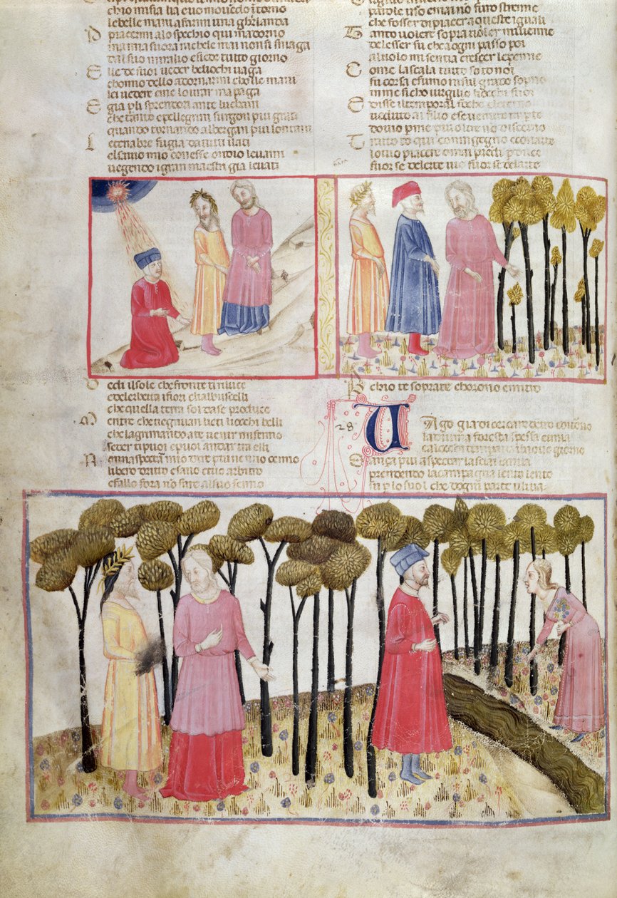 Purg.XXVIII f.47v Virgil pożegnalny i Boski Las, z Boskiej Komedii Dante Alighieri (1265-1321) autorstwa Italian School