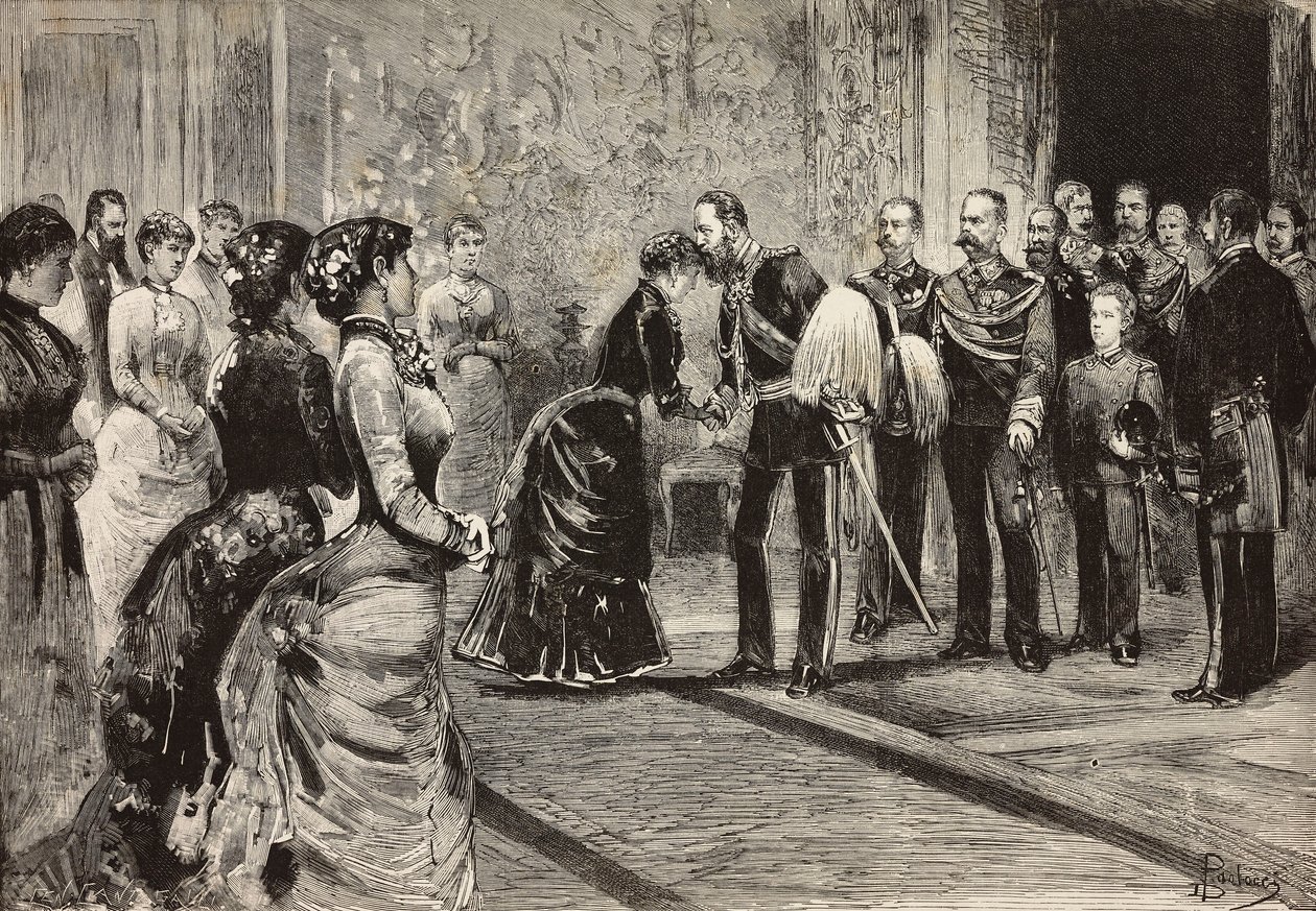 Królowa Małgorzata i Umberto I otrzymali następcę tronu Niemiec (przyszłego Fryderyka III) na Kwirynale, Rzym, Włochy, rycina z rysunku Dantego Paolocciego, z L