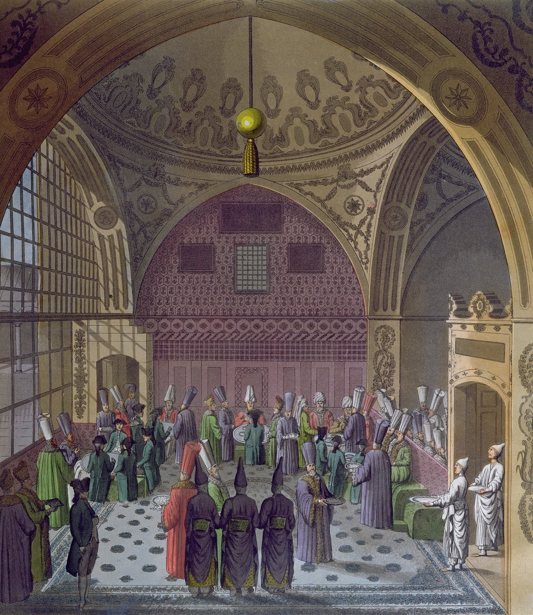 Przyjęcie zachodnich ambasadorów przez wielkiego wezyra sułtana w Konstantynopolu, ok. 1820 (kolorowe grawerowanie) autorstwa Italian School