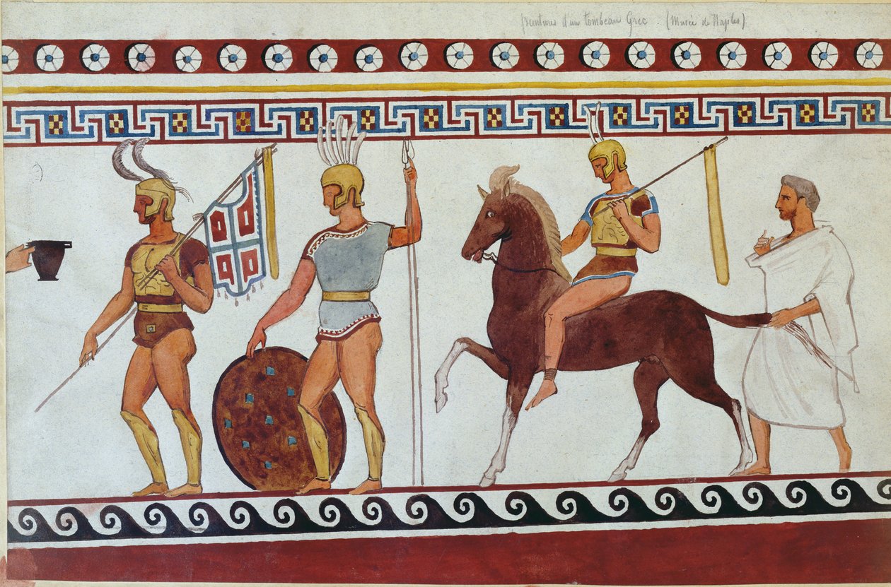 Rekonstrukcja malarstwa nagrobnego z Paestum przedstawiającego greckich żołnierzy piechoty i kawalerię (patrz także 186246, 119488 i 444298) autorstwa Italian School