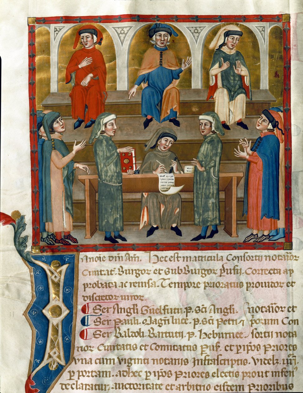 Reprezentacja Kancelarii Notarialnej Strona zaczerpnięta z Matricola del Consorzio dei Notai di Perugia (ms. 972) (Rejestr Zakonu Notariuszy) 1343-1354 Perugia, Biblioteca Comunale Augusta autorstwa Italian School