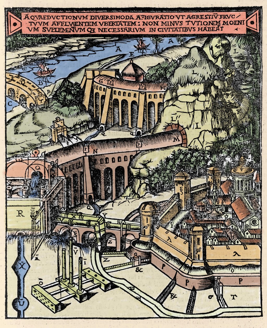 Reprezentacja akweduktu. Grawerowanie kolorowane z „De Architectura” Vitruvy (I wiek p.n.e.) - Wydanie Gottardo da Ponte, Come autorstwa Italian School