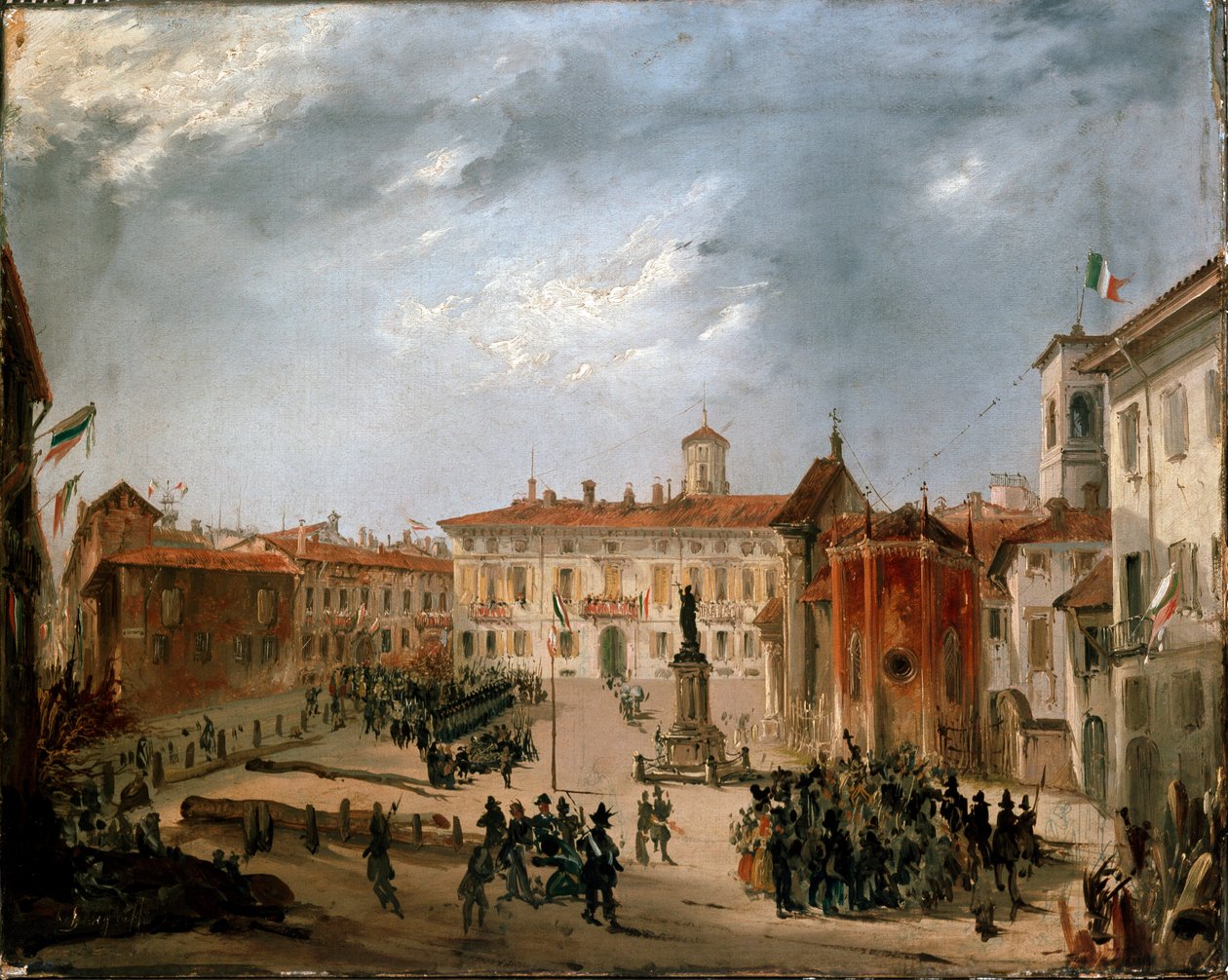 Rewolucje 1848, Pięć dni Mediolanu: więźniowie austriaccy na placu Borromeo 20 marca (obraz autorstwa Italian School