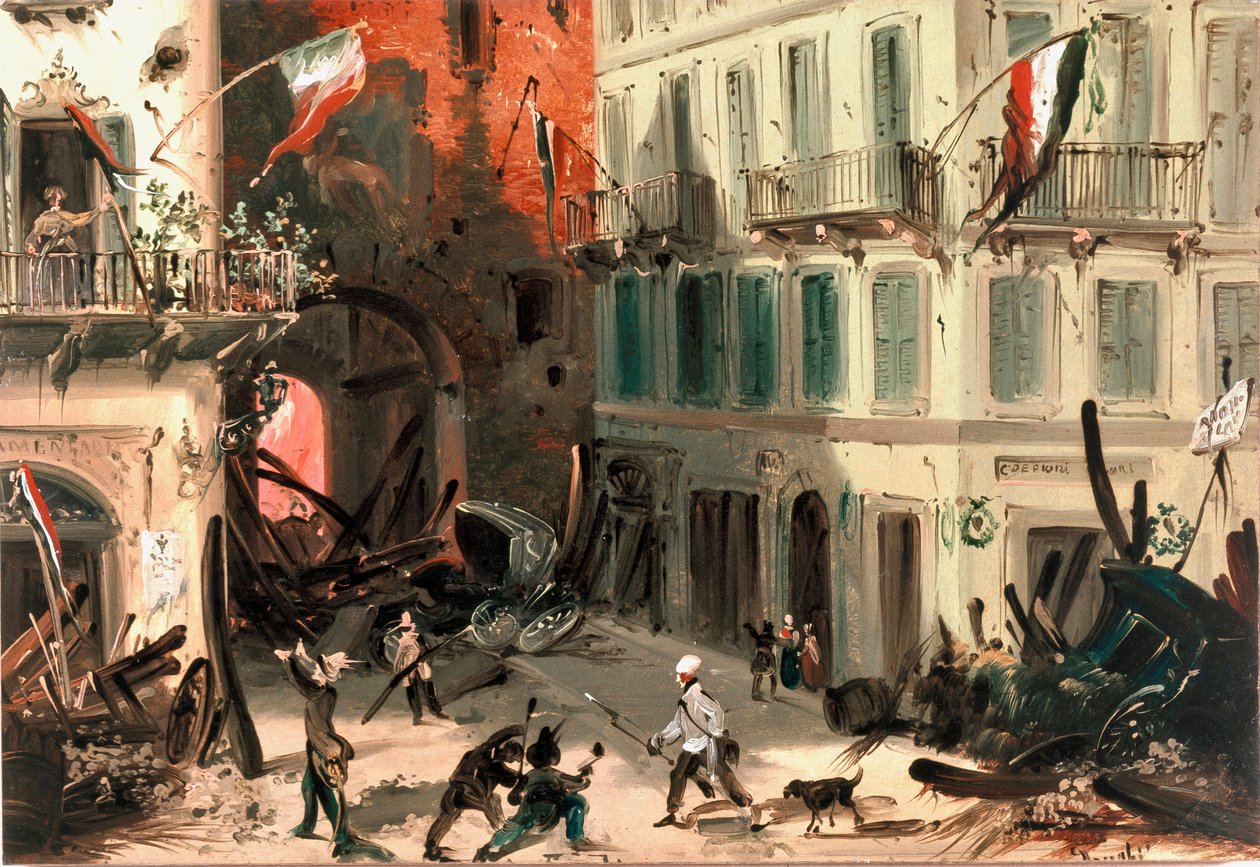 Rewolucje 1848, Pięć dni Mediolanu: barykady w pobliżu bramy Pusterla Beatrice 22 marca (obraz autorstwa Italian School