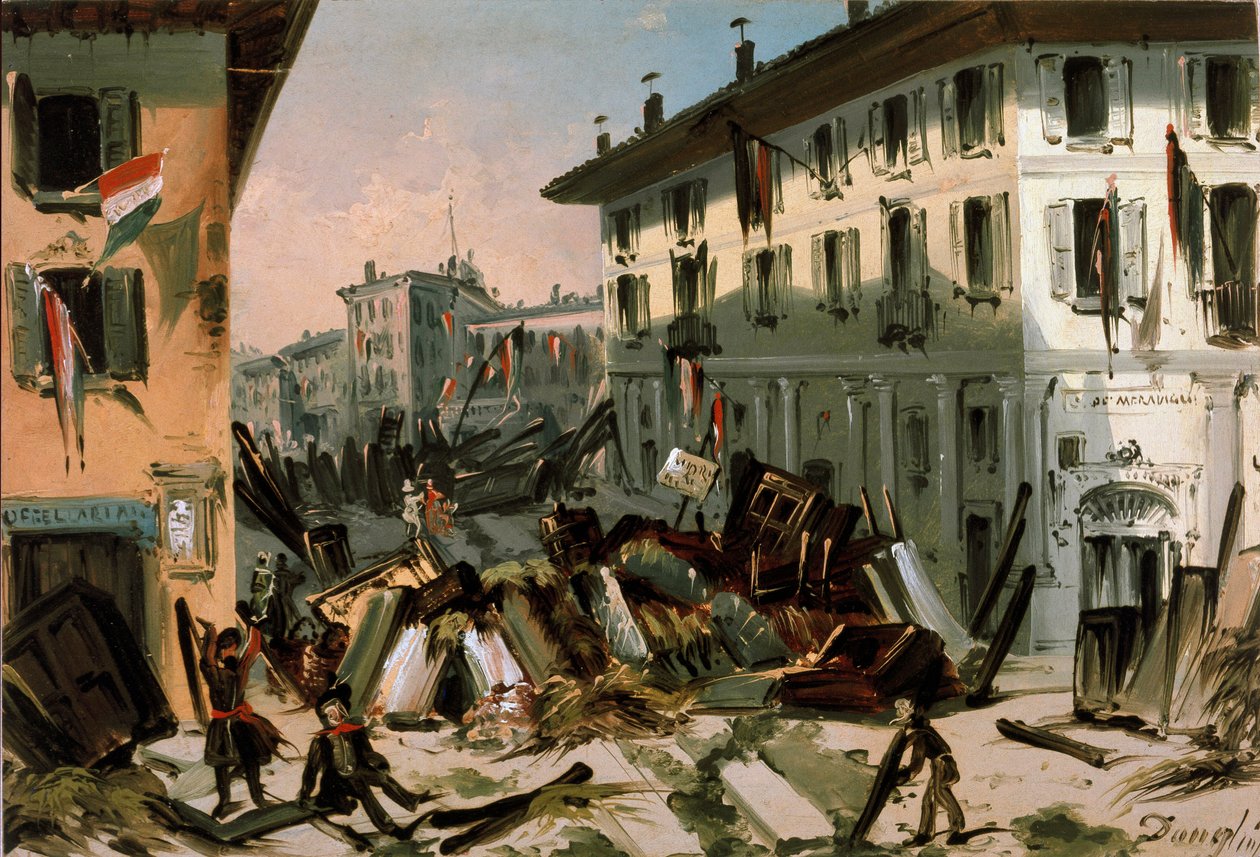 Rewolucje 1848, Pięć dni Mediolanu: barykady na corso de porta Vercellina 22 marca (obraz autorstwa Italian School